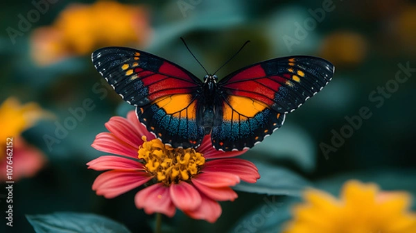 Fototapeta A vibrant butterfly with striking black, red, and yellow wings delicately perched on a blooming flower, showcasing the beauty of nature and the delicate balance of ecosystems, capturing the elegance a