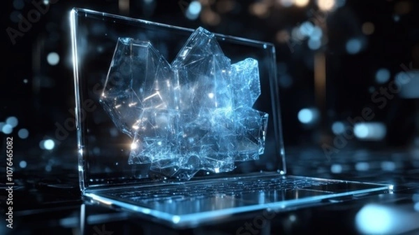 Fototapeta A Glowing Crystal-Shaped Object on a Transparent Laptop Screen