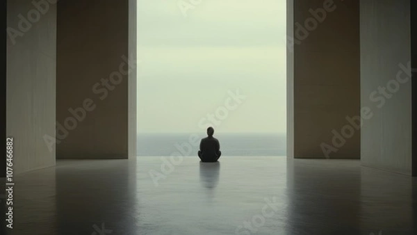 Fototapeta A solitary figure walking on a long, empty road at dusk, surrounded by a vast landscape. This image evokes feelings of loneliness and exploration