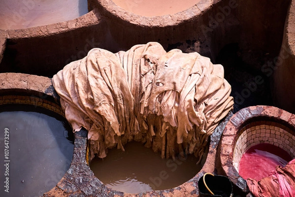 Fototapeta People works in the Shuara leather dyeing factory. Traditional Moroccan craft.