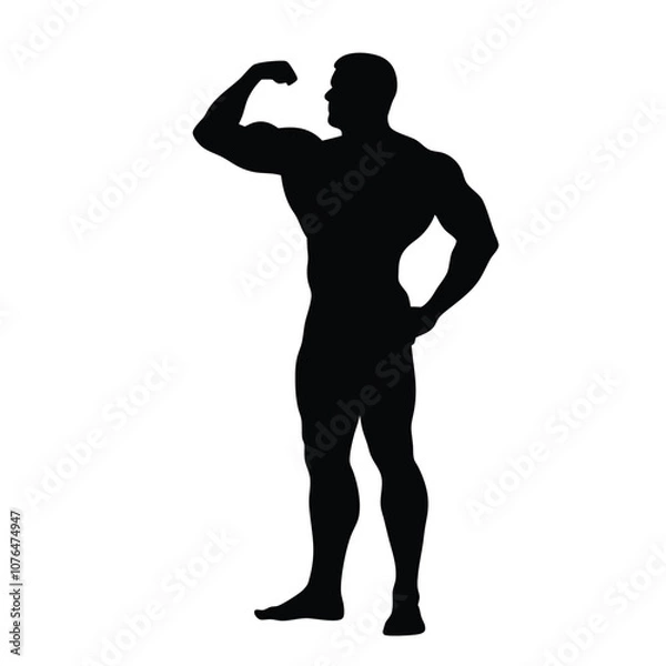 Obraz A man with a muscular build is standing in a black and white photo. He is flexing his biceps and is wearing a black shirt