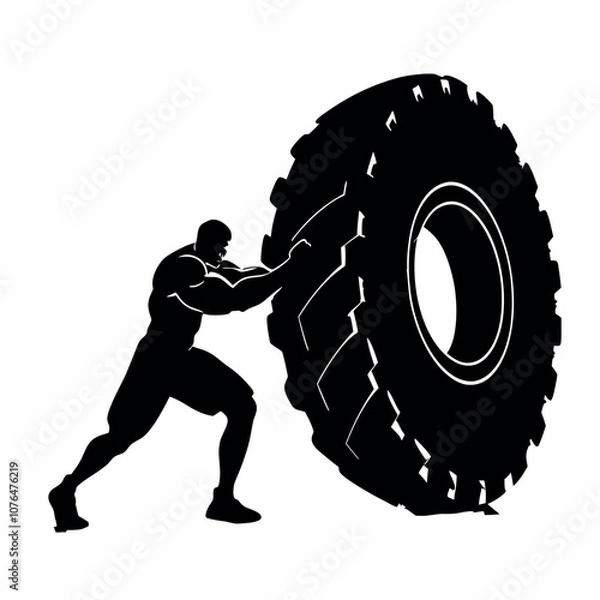 Obraz A man is lifting a tire. The tire is black and white. The man is wearing shorts