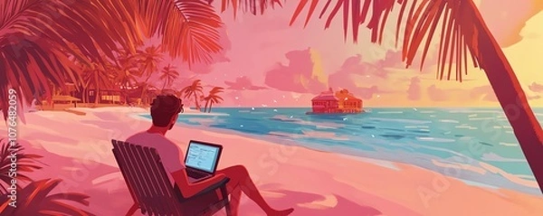 Obraz Digital nomad lifestyle, laptop on tropical beach, relaxed work setting, flat design illustration