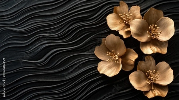 Fototapeta Gold dried tropical flowers on a black textured wave pattern background, adding depth and a sophisticated feel