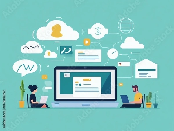 Obraz Digital meeting on laptop, remote work environment, virtual collaboration, flat design illustration