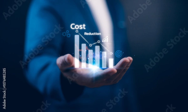 Obraz Cost and quality control, business strategy and project management concept. Businessman use computer laptop with quality control growth graph and cost reduction, control budget cost and improvement.