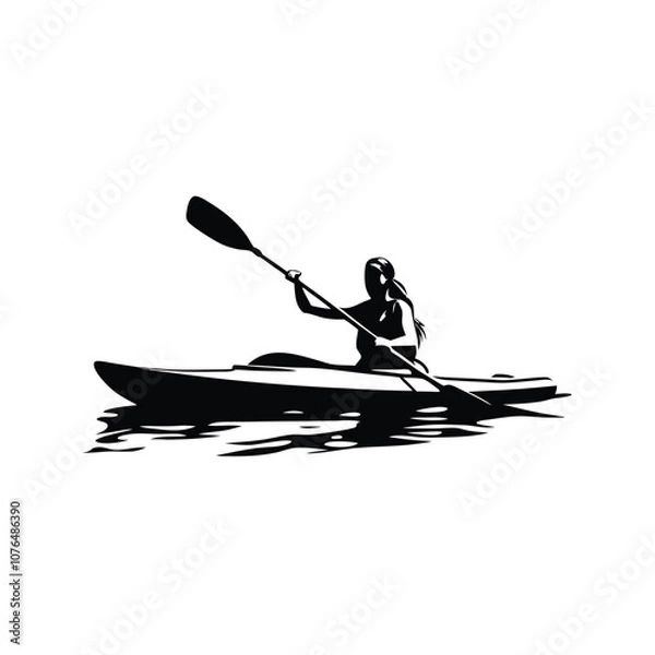 Fototapeta A woman is paddling a kayak. She is wearing a ponytail. The kayak is in the water