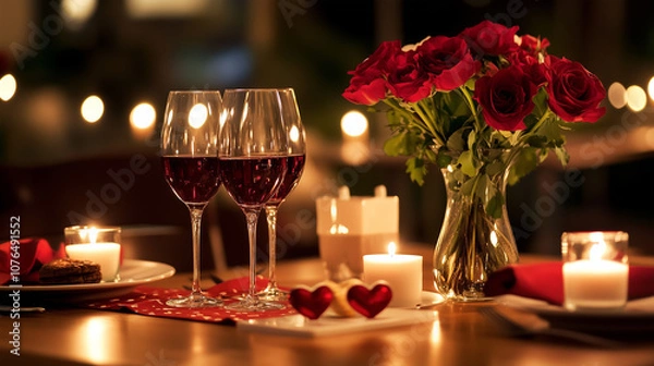 Fototapeta A romantic dinner setting featuring two wine glasses, a vase of red roses, candles, and heart-shaped decor.