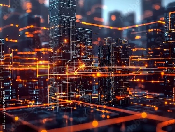 Fototapeta Futuristic City Illuminated by Glowing Blockchain Connections Symbolizing Real Time Data Transfer and Transactions