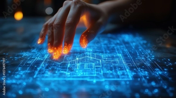 Obraz A hand with illuminated fingertips manipulates a glowing digital blueprint on a surface in a modern, dimly lit environment, showcasing advanced technology