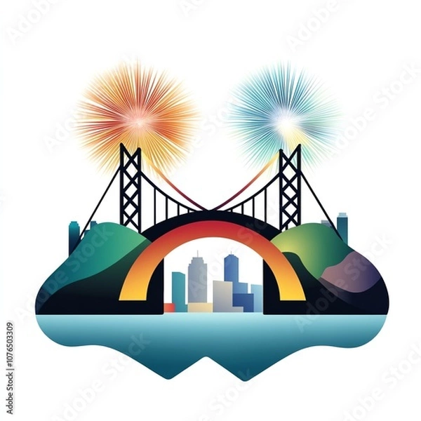 Fototapeta A vibrant illustration of a bridge under colorful fireworks, featuring a city skyline and wavy water, symbolizing celebration and urban beauty.