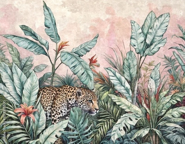 Obraz Topical plants, with a leopard in the background. Drawing, mural for walls. Design for photo wallpapers.