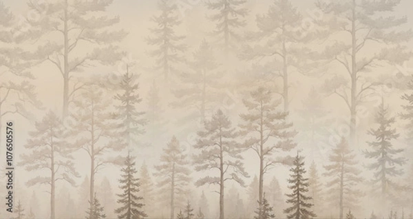 Fototapeta Silhouettes of trees. The forest is in a fog. A mural for the walls. Design for photo wallpapers.