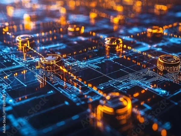 Obraz Futuristic Financial Hub Glowing with Blockchain Transactions and Secure Data Flows