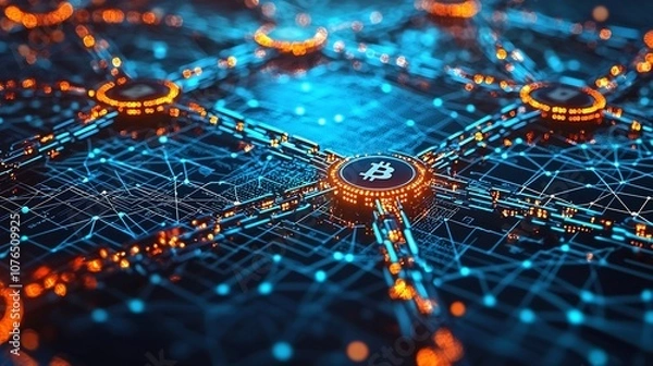 Fototapeta Glowing Blockchain Network Representing Decentralized Connectivity and Peer to Peer Technology Concept