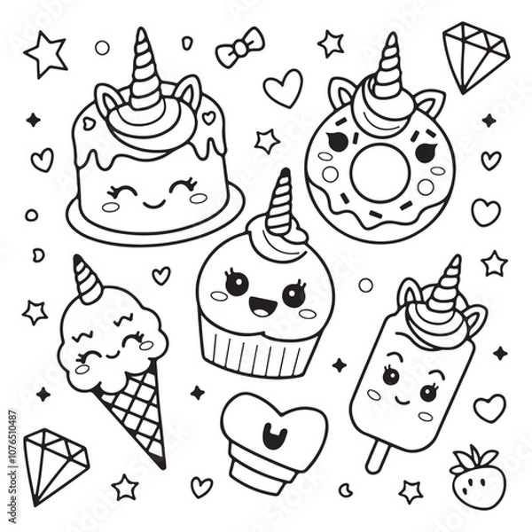 Fototapeta Kawaii Unicorn Cake, Donut, Ice Cream, and Cupcake Vector