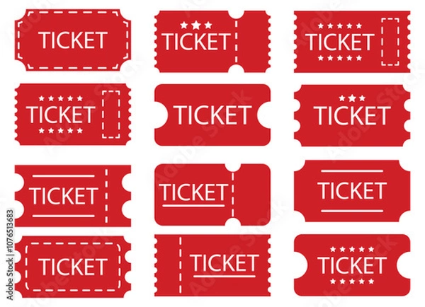 Fototapeta Red simple ticket icons. Vector image isolated on white background. Event Ticket Icon Ideal for Concerts and Admission. 