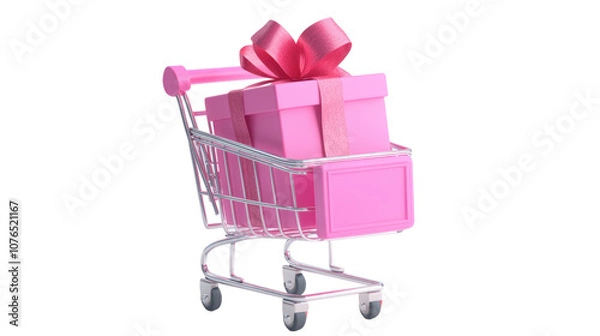 Fototapeta A small pink shopping cart holds a pink gift box with a pink ribbon. transparant background, png