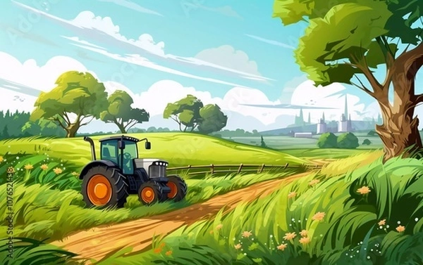 Obraz A vibrant landscape featuring a tractor on a dirt path surrounded by lush greenery and trees.