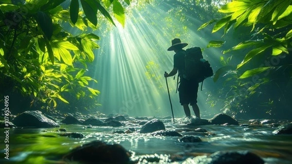 Fototapeta Silhouetted Hiker Crossing a Stream in a Sun-Drenched Jungle