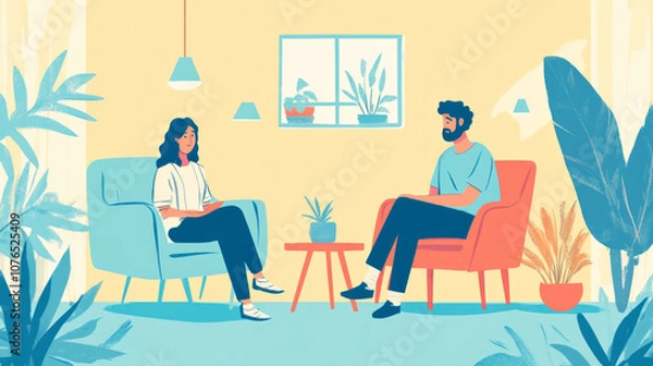 Fototapeta A client and therapist engage in conversation in a cozy office setting with plants and natural light