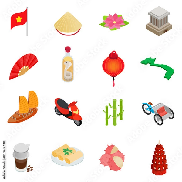 Fototapeta Vietnam icons set, isometric 3d style