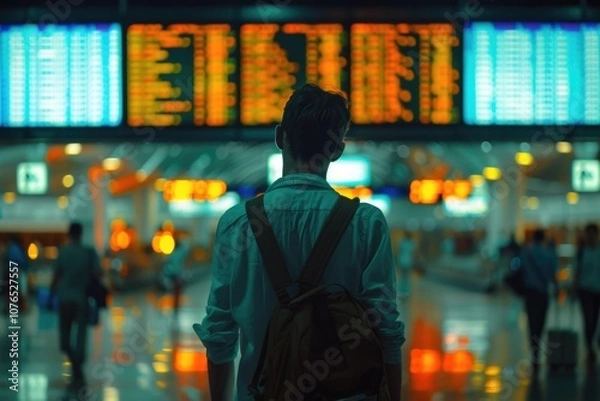 Fototapeta A person standing at the airport terminal, looking around with a backpack on