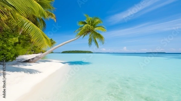 Fototapeta Palm Tree Overlooking a Tranquil Tropical Beach with Turquoise Water