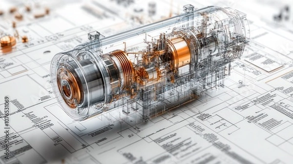 Fototapeta Transparent 3D Model of a Complex Machine on a Blueprint