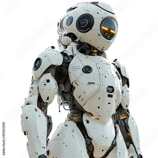 Fototapeta White humanoid robot with glowing lights isolated on transparent background.