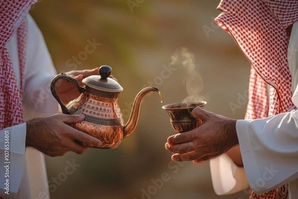 Fototapeta Man Pouring Tea From a Copper Kettle into a Cup