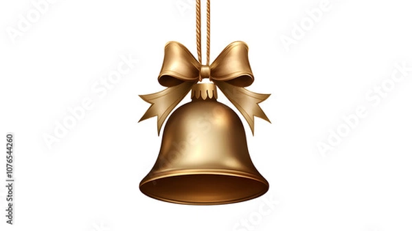 Fototapeta Christmas Golden Bell with Bow Isolated on White Transparent Background, PNG Element. Christmas decoration tree ornament