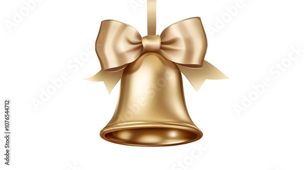 Fototapeta Christmas Golden Bell with Bow Isolated on White Transparent Background, PNG Element. Christmas decoration tree ornament