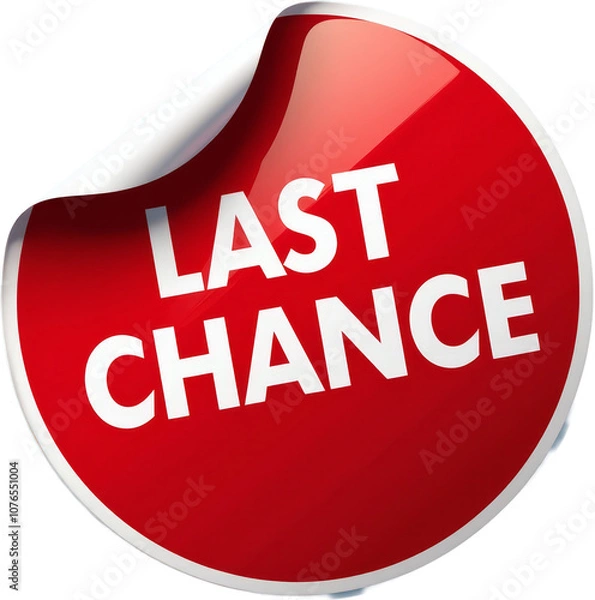 Fototapeta A vibrant red circular sticker with a glossy finish on a transparent background, featuring the word "Last Chance!" in bold white letters. The corner appears slightly peeled, creating a 3D effect.