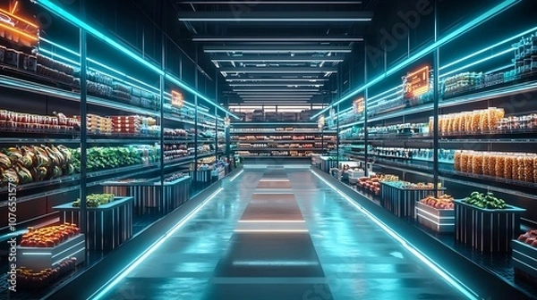 Fototapeta Futuristic Eco Conscious Grocery Store with Glowing Aisles and Compostable Packaging
