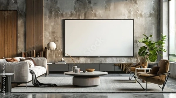 Obraz A modern living room with a large blank TV screen on the wall, stylish furniture arranged around it