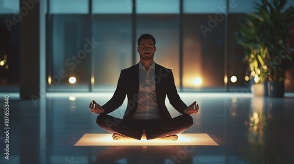 Fototapeta Businessman Practicing Yoga on Glowing Mat in Peaceful Studio Symbolizing Mindfulness and Physical Well Being