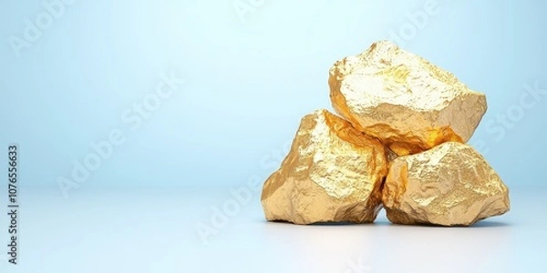 Fototapeta Three shiny gold nuggets stacked together on a soft blue background, symbolizing wealth.