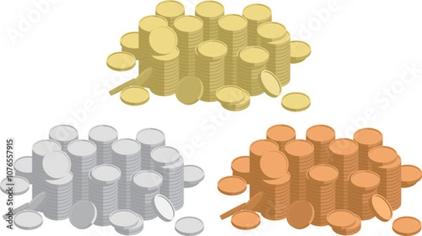 Fototapeta 大量に積まれたコインの山（金貨・銀貨・銅貨）のベクターイラスト素材