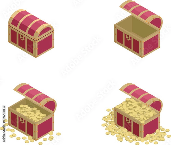 Fototapeta 洞窟の奥地で発見した金銀財宝あふれる宝箱のイラスト素材セット（ベクターEPS）