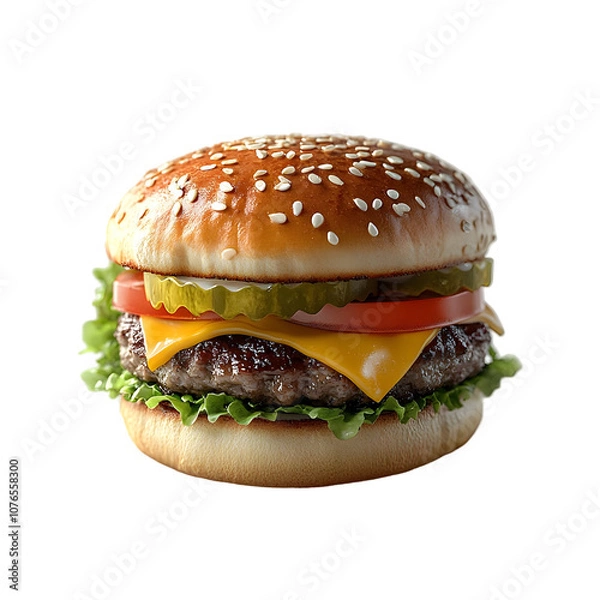 Fototapeta A Cheeseburger with Lettuce, Tomato, Pickles, and Sesame Seed Bun Isolated on a Transparent Background.