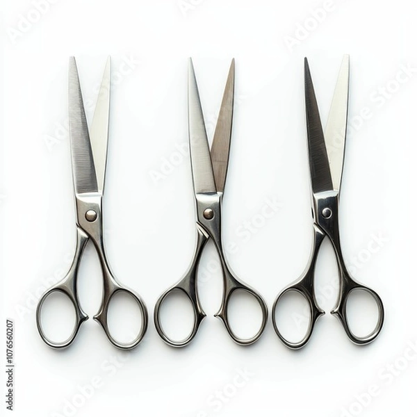 Fototapeta Three pairs of shiny metal scissors.