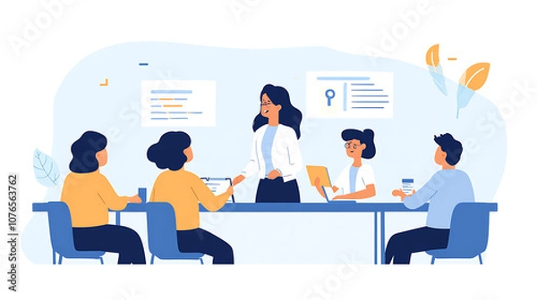 Obraz A woman leading a meeting with her team, offering insights on a new business proposal while her team listens attentively 