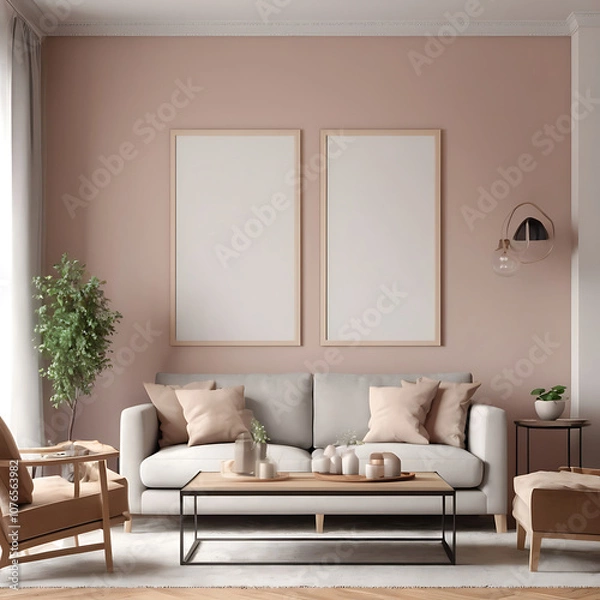Fototapeta Frame mockup, ISO A paper size. Living room wall poster mockup. Interior mockup with house background. Modern interior design. 3D render