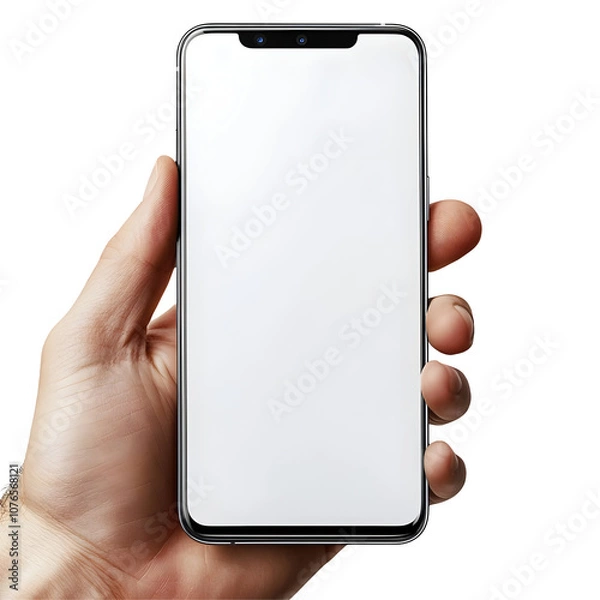 Fototapeta Hand Holding a Smartphone with Blank Screen on a White Background with a Transparent Background