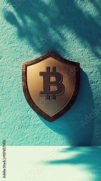 Obraz Abstract Marketing Background Featuring Bitcoin and Cryptocurrency Concepts, Ethereum Blockchain Elements, Protective Shield, IoT, and 3D Render, Showcasing Replicable Space, Perfect Composition, Clea