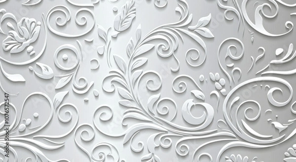 Fototapeta Elegant White Floral Swirl Pattern with 3D Embossed Texture