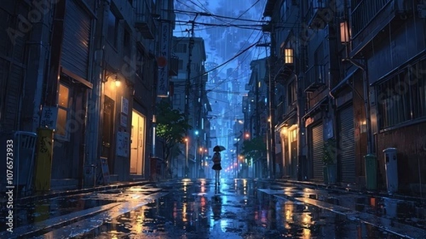 Obraz Empty Anime Street Scene at Night with Umbrella