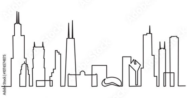Fototapeta skyline line art drawing style. Cityscape of Chicago with silhouettes of most famous buildings and towers. design isolated on white background. Vector illustration.