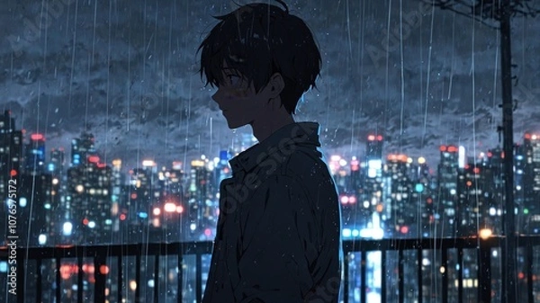 Obraz Melancholic Anime Boy in Silhouette Against Cityscape